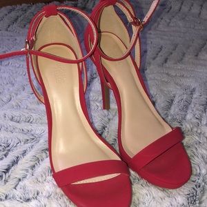 Red 6” strappy heels. LIKE NEW.